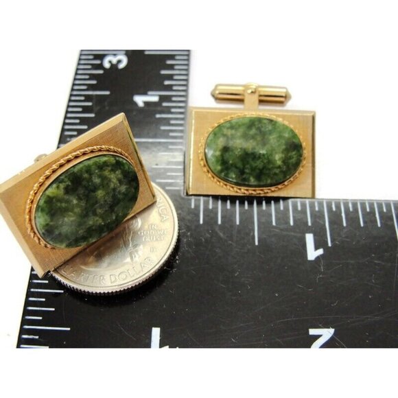 Vintage Destino Square Cufflinks 1/20 12K Gold Filled Green Oval Jade Center - Picture 11 of 12